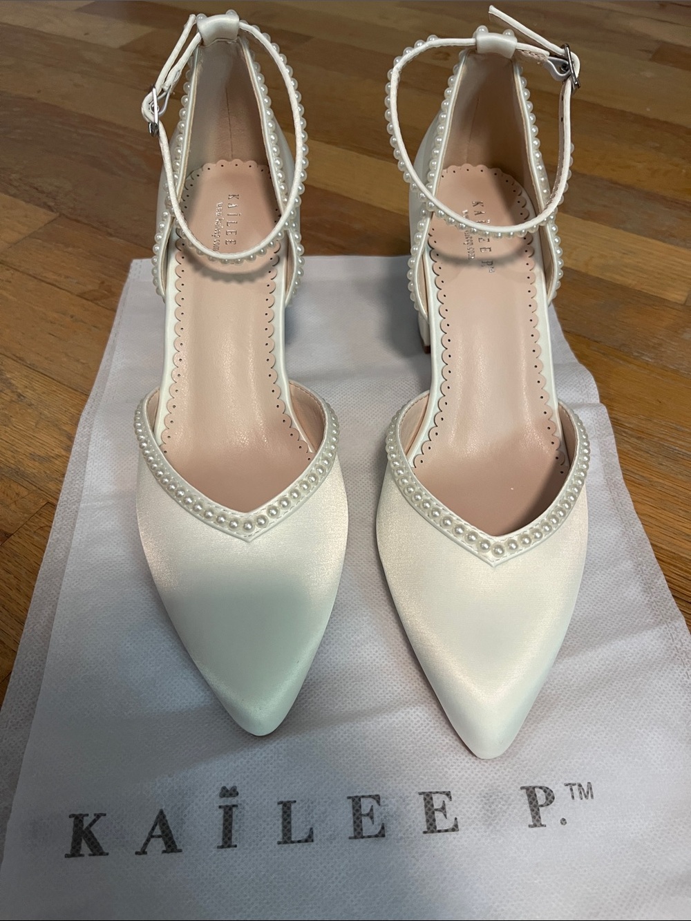 Kailee P Ivory Satin Pearl-Trim Block Heel Pumps